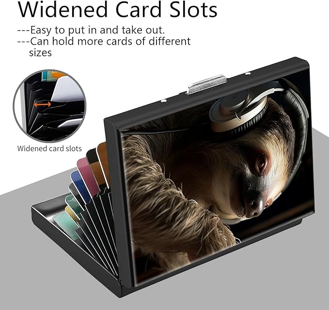Credit Card Holder, Sloth with Headphones Design Mini RFID Blocking Aluminum Wallet Slim Metal Hard Case Shell Travel Wallet ID Case Small Credit Cards Case Business Cards for Women Men Girls