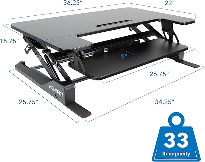 Mount-It! Standing Desk Converter - Height Adjustable Stand Up Riser with Manual Lift, 36.5" x 22" Desktop, Stand up Convertor in Black, Fits Dual Monitors, Laptop and Keyboard Mouse Tray