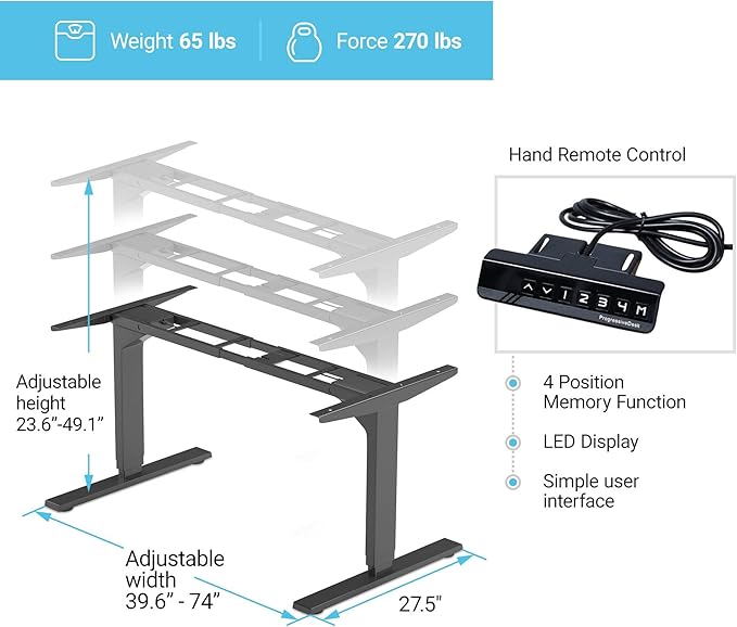 PROGRESSIVE AUTOMATIONS Electric Standing Desk Frame Dual Motor - Adjustable Height and Width, 3 Stages Legs for sit Stand Home Office Desks Suites Tops from 48" to 73" FLT-02 Black