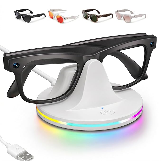 Charging Dock for Meta Ray-Ban Glasses, Charging Stand Compatible with Wayfarer, Skyler, Headliner & Oakley Meta HSTN, with USB-C Cable and 7-Color RGB, White