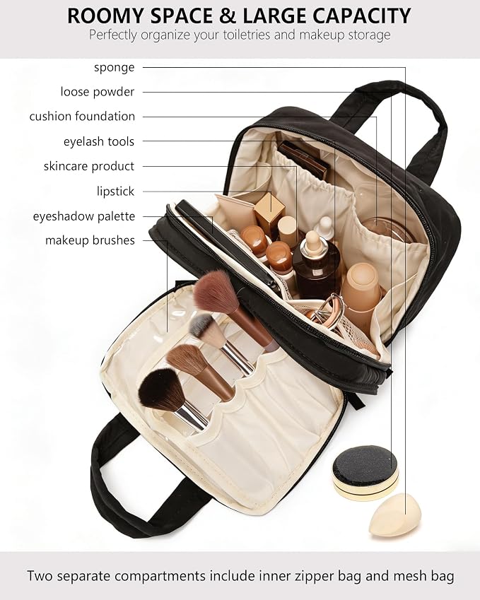 Small Makeup Bag, Travel Cosmetic bag, Toiletry Bag For Women, Make up Bag With Brush Storage, Hanging Toiletry Bag, Puffy Padded Makeup Organizer Case, Wide-open Travel Essentials (Black)