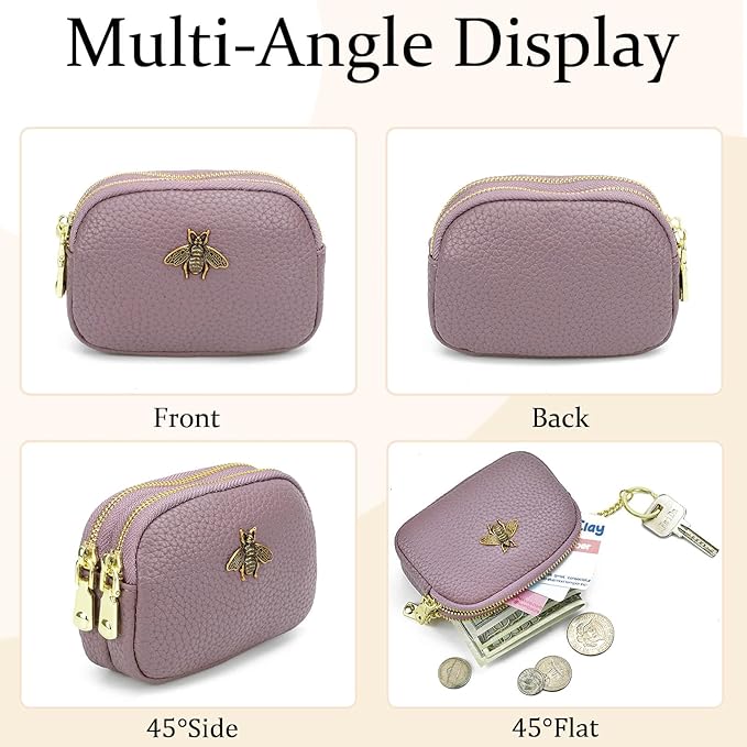 WOZEAH Leather Coin Purse for Women Small 2 Zipper Change Wallet with Key Ring Card Key Coin Cash Holder Pouch(Purple)