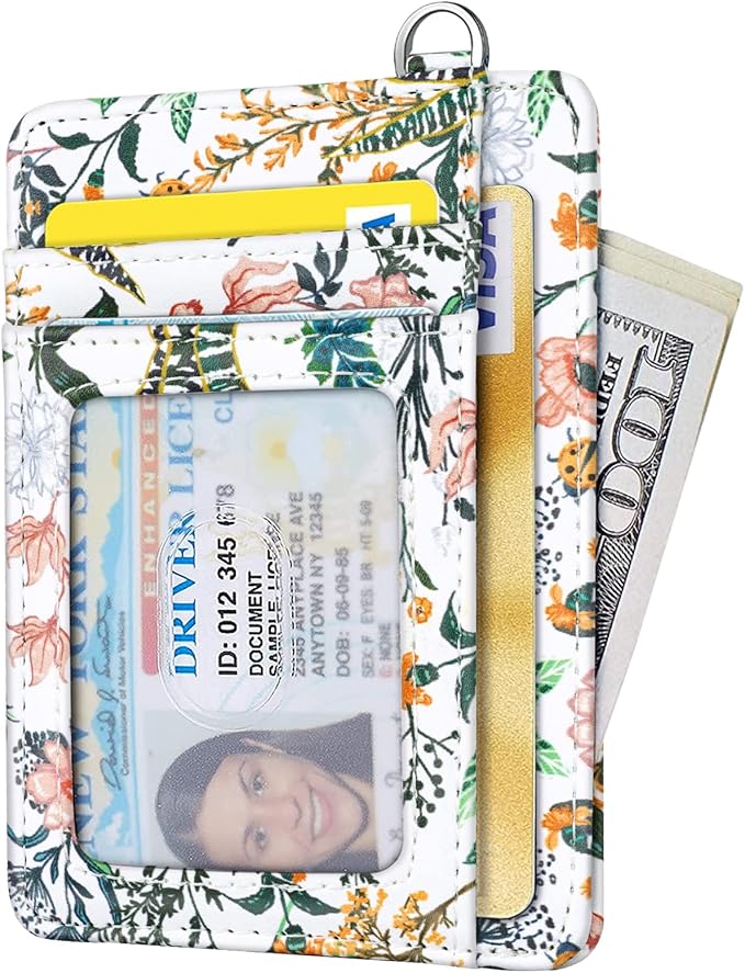 Coco Rossi Slim Front Pocket Wallet RFID ID Card Holder Cute Small Wallet with Keychian for Women,White Flowers