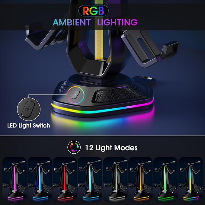 Gaming Headphones Stand with 12 Light Modes - Controller Holder for Desk, RGB Gaming Headset Stand with 2 USB Charging Ports - Supports Data Transfer, Earphone Hanger Accessories for Desktop Gamer