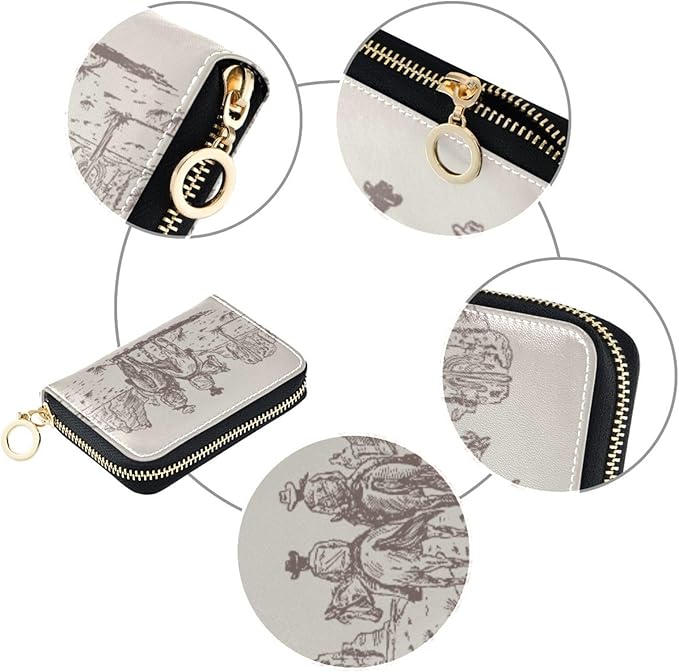 Western Desert Cowboy RFID Credit Card Holder Wallets Accordion for Women Leather Zipper Card Case Accordion Wallet for Ladies Girls
