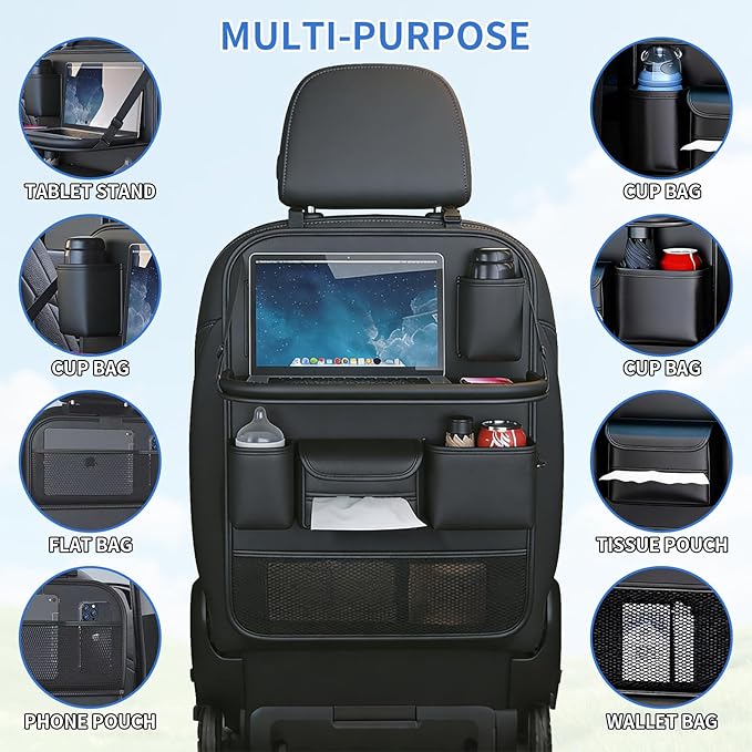 Car Seat Back Organizer with Foldable Tray, Car Seat Back Protector, Premium Leather Kick Mats, Multiple Storage Pockets, Travel Accessories for SUV Truck (Long)