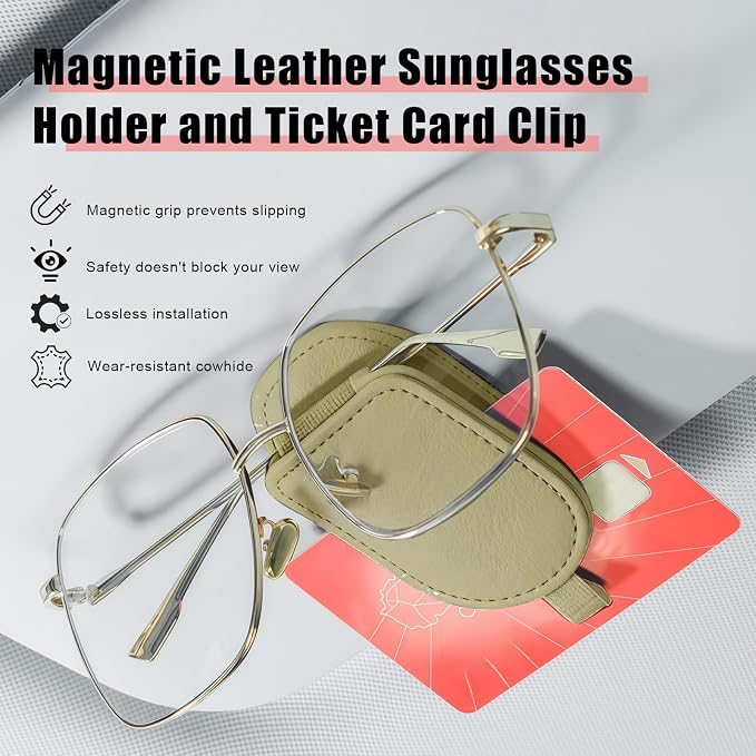 Sunglass Holder for Car Visor, Magnetic Leather Eyeglass Holder, Universal Car Sunglass Organizer Visor Accessories for SUV Truck Pickup, 2 Pack (Beige)