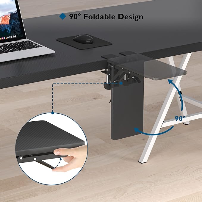 BONTEC Desk Extender Tray, 11.8"x5.9" Table Mount Arm Wrist Rest Shelf, 90°Foldable Elbow Support, Clamp on Computer Arm Rest for Desk, Office & Home Use, Durable & Easy to Install
