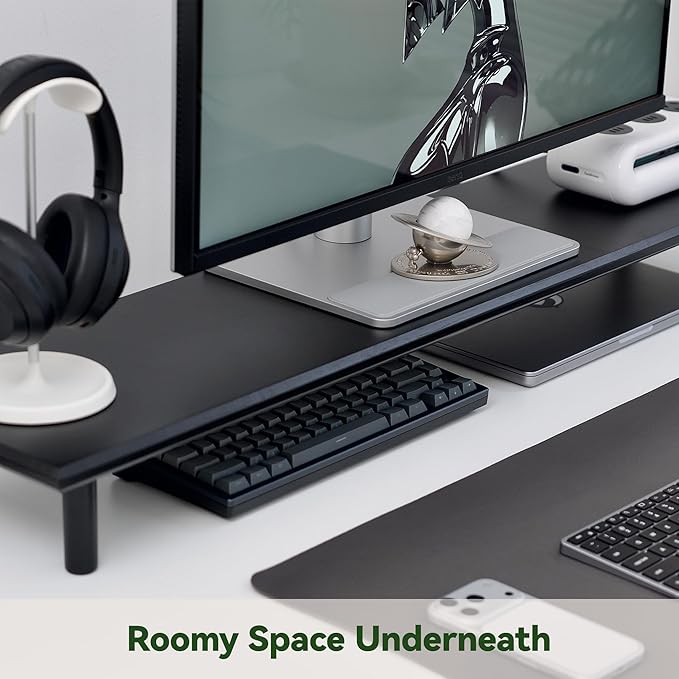 Bamboo Dual Monitor Stand Riser with Underneath Storage, Ergonomic Desk Shelf Supports PC Computer Monitor, Printer, TV for Home, Office, Black