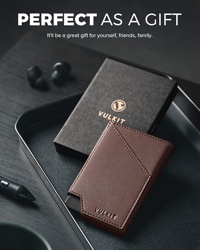 VULKIT Pop up Card Wallet RFID Blocking Slim Aluminum Metal Bank Card Holder Case with Business Money Pocket for Credit Cards Notes and Coins (Espresso)