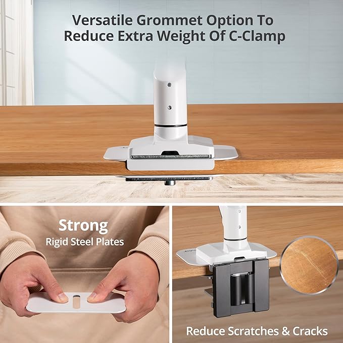 AVLT Adjustable Reinforcement Plate Bracket Mount for Fragile Tabletop - Supports Monitor Stand with C Clamp Or Grommet Installation - White