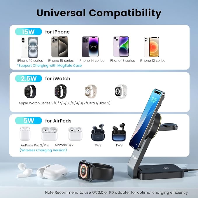 EnergyCell 3-in-1 Wireless Charging Station for Apple Devices, 15W Wireless Charger for iPhone 17/16/15/14/13/12, Apple Watch, AirPods, Magnetic Foldable Fast Charger Apple Charging Station