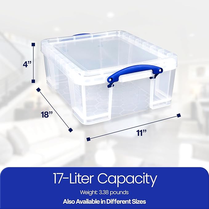 Really Useful Box 2 Pack 17L Plastic Storage Bins with Snap Lids and Clip Lock, Clear