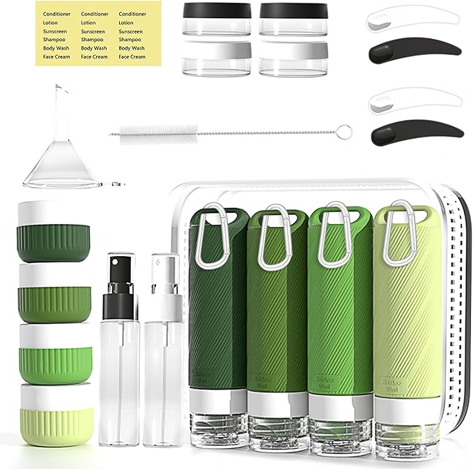 26 Pcs TSA Approved Travel Toiletry Bottles Set, Leakproof Silicone Refillable Travel Containers with Hanging Hole & Carabiner, Portable Essentials, for Shampoo Conditioner Lotion Body Wash