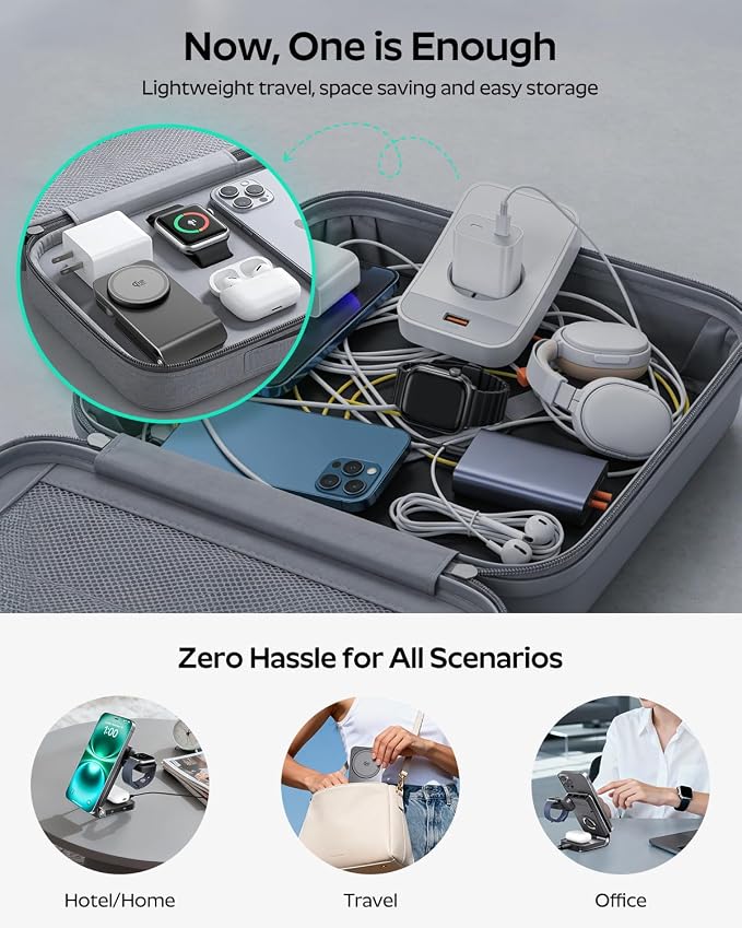 Doge&Vollar 3 in 1 Qi2.2 25W MagSafe Wireless Charging Station, Foldable Charger Stand for iPhone 17 16 Pro Max, Apple Watch & AirPods, Fast Low-Heat Desk Travel Charger with 45W Adapter, Aluminum