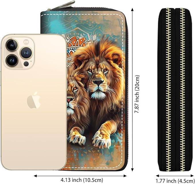Women's Large Capacity Wallet PU Leather Double Zipper Clutch Purse Multifunctional Wallet with Removable Wristlet Strap for Smart Phone/Coin/Card/Cash - Lion