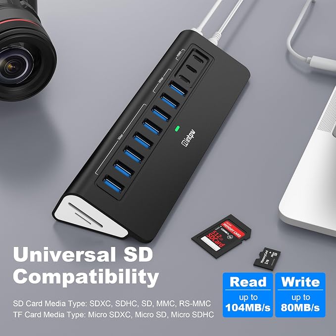Powered USB Hub 10Gbps, Intpw YH9AC Plus 13-Port USB 3.2 Hub(USB A/USB C 3.2+6 USB-A 3.0+2 PD 45W Fast Charging Ports+SD/TF Card Reader), 65W Power Adapter,Aluminum USB HUB for PC,Laptop,iPhone 17/16
