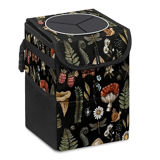 Car Trash Can with Lid Vintage Botanical Mushrooms Collapsible Reusable Leak-Proof Auto Garage Bag,Hanging Vehicle Car Accessories Interior Car Organizer