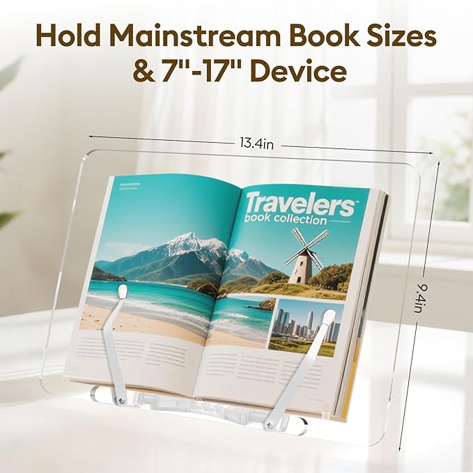 Beswishy Cookbook Stand,Folding Music Stand, Book Display Stand,Acrylic Book Stand,Paper Holder Stand for Desk,Book Opener Holder,Clear Desktop Easel,Clipboard Stand