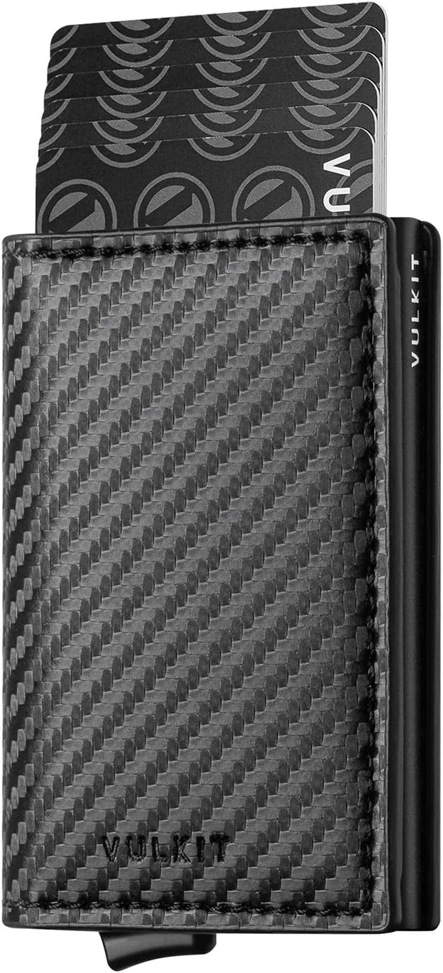VULKIT Credit Card Holder RFID Blocking Leather Automatic Pop Up Wallet Aluminum Pocket Business Card Case