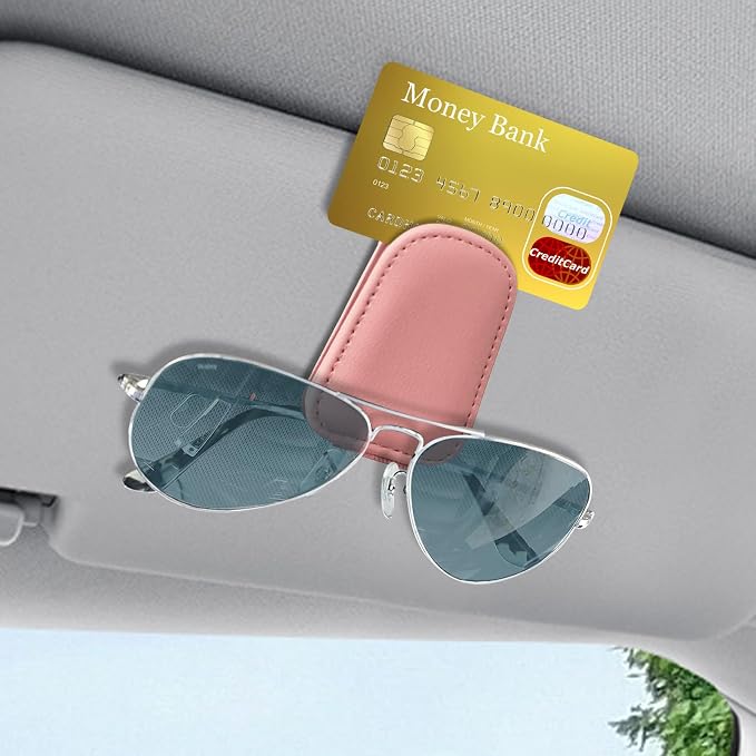 Sunglass Holder for Car, Sunglasses Clip for Car Visor, Magnetic Leather Vehicle Eyeglass Hanger Clip, Auto Ticket Card Glasses Organizer Clamp Accessories for SUV Sedan (Pink)