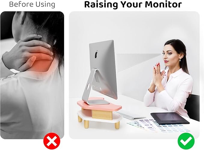 AFOOYO Monitor Stand Riser,2 Tier Corner Wood Sturdy 16.5In Computer Stand, Multi-Purpose Desktop Storage Stand for Laptop,PC,iMac,Printer,Computer,Pink