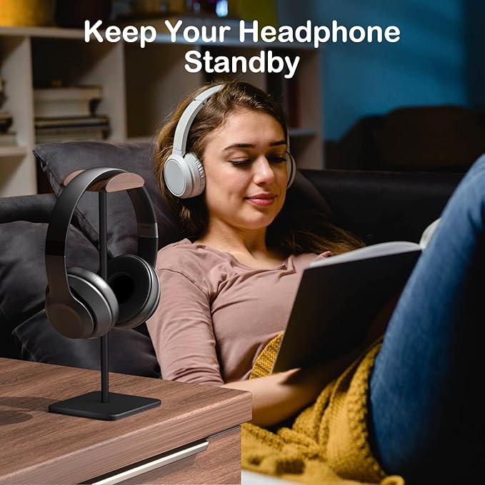 Headphone Stand for Desk - Headset Stand with Aluminum Hanger and Wooden Support, Headphone Holder for AirPods Max, Sony, Bose, Beats and More (Black)
