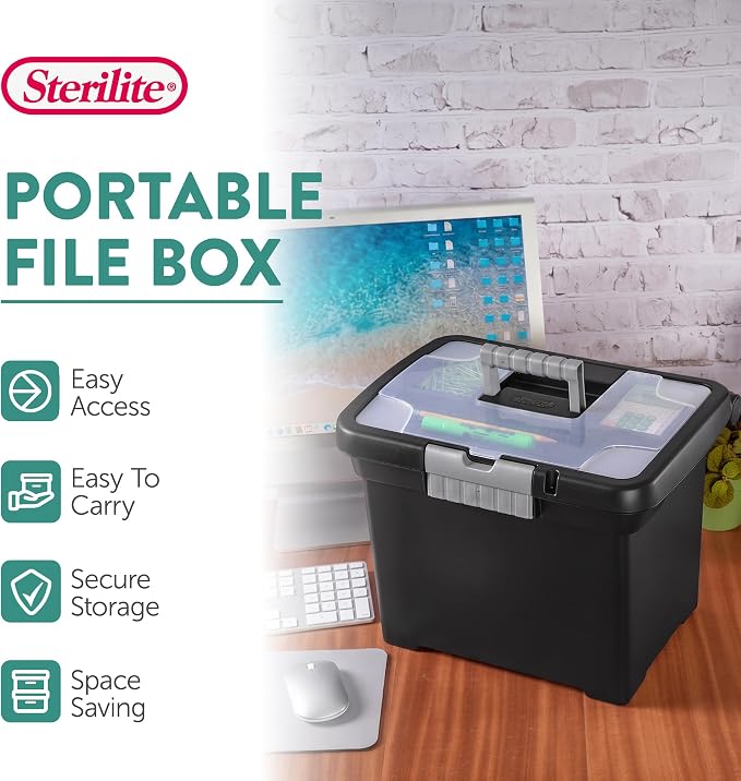 Sterilite 4-Pack Portable File Box, Stackable Container for Letter Hanging Folders, Black - Paper Document Plastic Storage Organizer with Latching Lid for Home, Office, and Dorm Organization