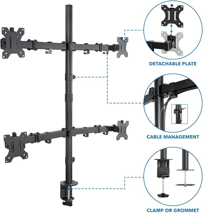 Mount-It! 4 Monitor Stand for Desk | Quad Monitor Desk Mount with Height Adjustable Pole | Fits Four 13??2 Inch Screens, VESA 75x75 & 100x100, Tilt Swivel Rotate, Clamp or Grommet Base