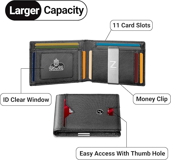 Zitahli Slim Wallet for Men with Money Clip, Minimalist Front Pocket RFID Blocking Leather Wallets Bifold Credit Card Holder, 11 Card Slots and ID Window with Gift Box