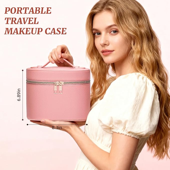 Makeup Bag Vanity Case for Women Leather Cosmetic Bag Makeup Organizer Case Portable Travel Toiletry Bag With Removable Compartments and Handle - Pink