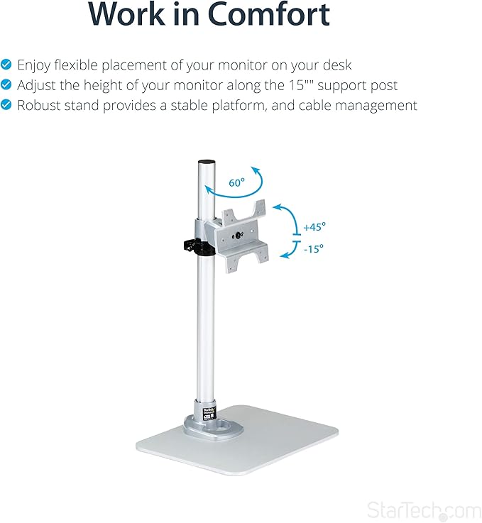 StarTech.com Single Monitor Stand, Adjustable, Supports UHD, iMac and Apple Thunderbolt Displays from 12'' to 34" (30.9lb/14kg), Premium Single Screen VESA Monitor Mount Stand, Silver, TAA