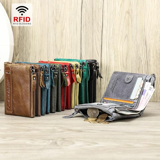 CONTACTS Soft Leather Wallet for Women and Men Small Bifold Coin Purse Double Zipper Card Holder with RFID Blocking (Gray)