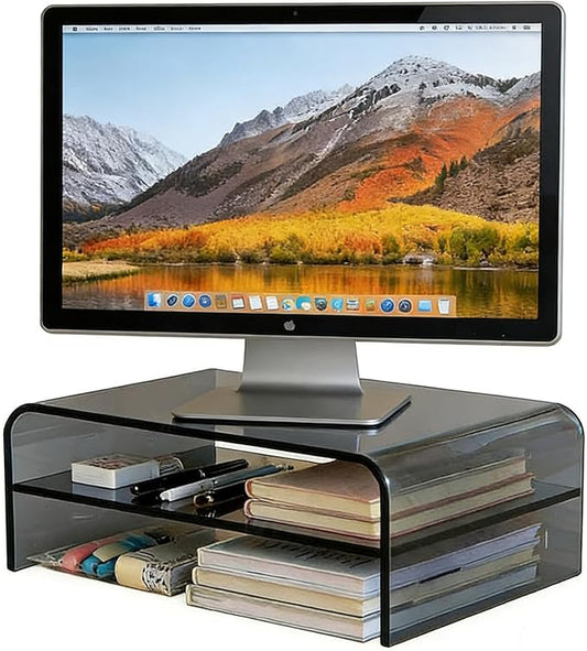 Clear Acrylic 2-Tier Monitor Stand & Desk Organizer - 16"x9.4"x5.5 H Home Office Riser with Keyboard Storage, Fits PC, Laptop, iMac, Printer, TV & Multi-Media Devices (Transparent grey)