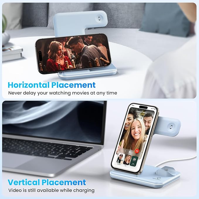 WAITIEE Wireless Charger for iPhone 17 16 15 14 13 12 11 X 8, 3 in 1 Charging Station for Apple Watch & for AirPods (Sky Blue)