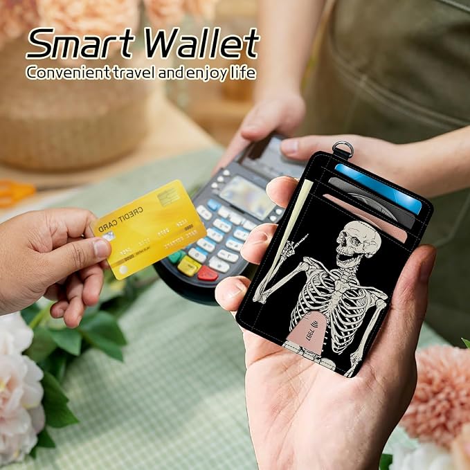 Small Travel Wallets, Skull Skeleton Slim Minimalist Front Pocket Wallet with Wristlet, RFID Blocking PU Leather Credit Card Holder with ID Window Change Purse for Men Women