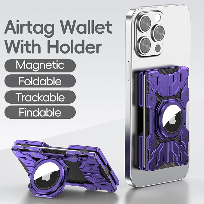 Minimalist Mens Wallet RFID Blocking - Slim Metal Wallet With Airtag Holder - Compact Credit Card Holder Mini Size, Metal, Carbon Fiber (Purple)