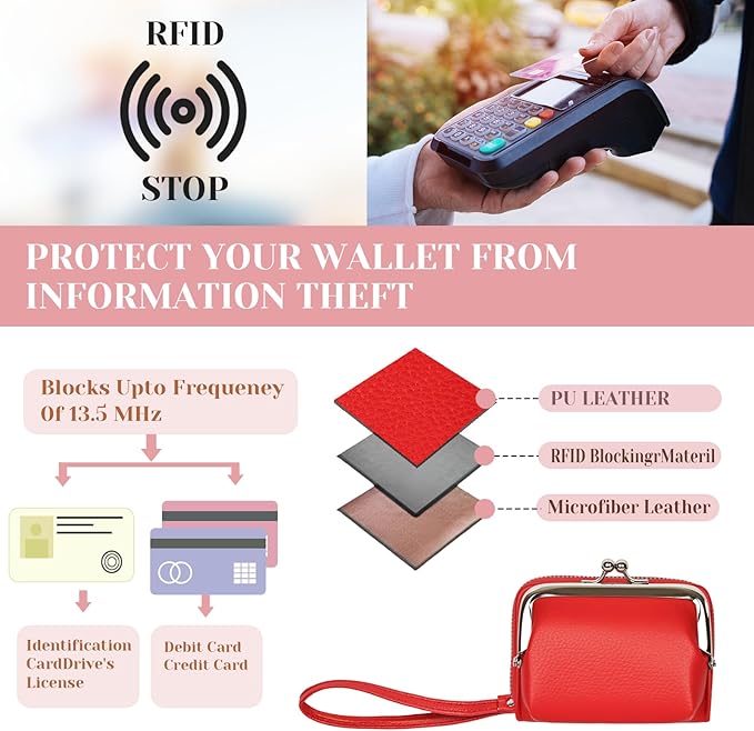 Women's RFID Blocking Wristlet Wallet - 2-in-1 Zip-Around with Coin Purse & Card Slots - Vegan Leather with Secure Clasp (Gift Ready)(Red)