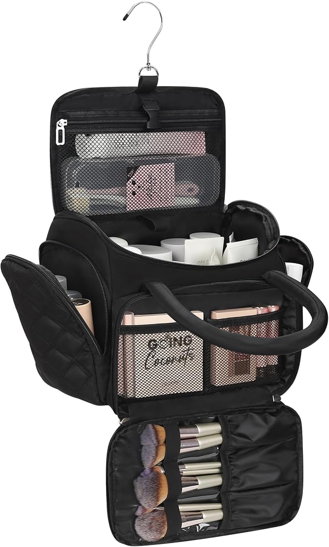 Travel Toiletry Bag for Women with Hanging Hook, Large Wide-open Travel Bag with 2 Removable Dividers, Puffy Makeup Bag Organizer with Compartments for Full Sized Container, Cosmetics, Toiletries