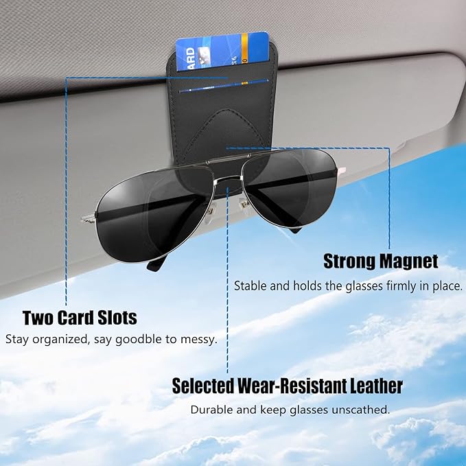 2 Pack Sunglass and Card Holder for Car Visor, 2 Card Slots Visor Glasses Clip, Strong Magnetic Visor Holder, Visor Accessories for Cars SUV-(Black 2Pcs)