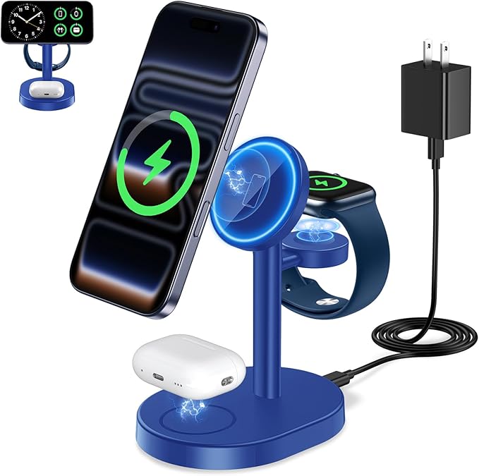 Hevanto 2026 3 in 1 Wireless Charging Station for Apple MagSafe Charger, 15W Fast Magnetic Mag-Safe Charger Stand for iPhone 17 16 15 14 13 12 Apple Watch AirPods with MagSafe Case, Blue