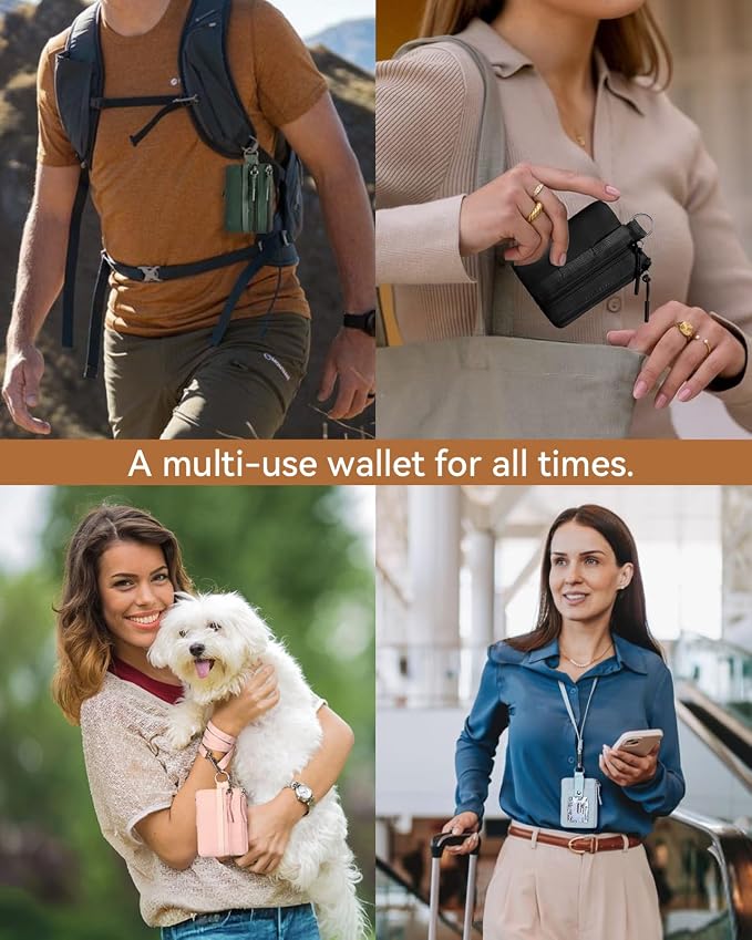 BOSTANTEN Small Wallet RFID, Minimalist Zip ID Case Wallet with Lanyard Keychain, Water Resistant Card Wallets for women & Men, Beige and Brown