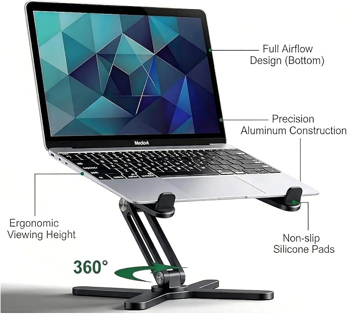 Atizzy 360 Rotating Laptop Stand for Desk, Ergonomic Foldable Aluminum Computer Riser, Adjustable Desktop Holder for Desk, Compatible with All Laptops up to 16 Inches, Black