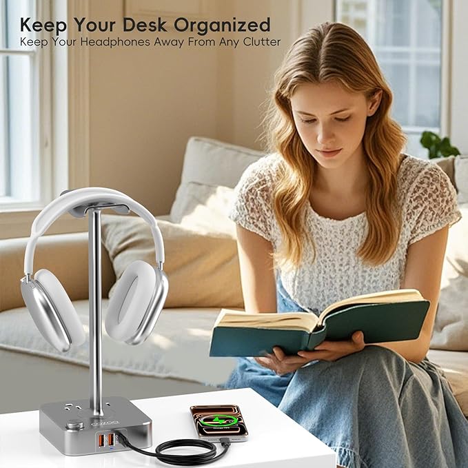 Headphone Stand with PD Fast Charger & QC3.0,Gaming Headset Holder with 3 USB Ports 2 AC Outlets for Desk,Cool Gamer Gifts for Men,Boyfriend,Teen Boys,Friends – Perfect Gaming Accessories & Room Setup