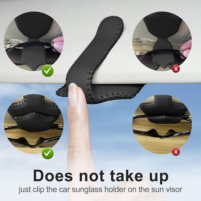 AMVOYOA Sunglass Holder for Car Sun Visor Sunglasses Clip Magnetic Leather Glasses Eyeglass Holder Hand Sewn Leather Ticket Card Clip Eyeglasses Mount- Suitable for Different Size Eyeglasses (Black)