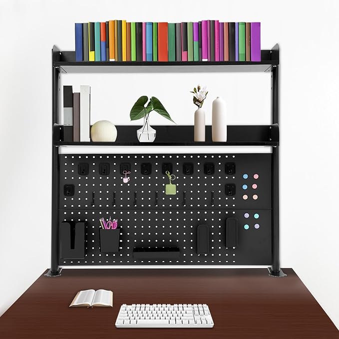 Desktop Bookshelf Clip-on Desk Shelf with Spacious Pegboard, Multipurpose Clamp On Desk Organizer Desktop Organizer Desk Pegboard for Office Home Gaming (Black)
