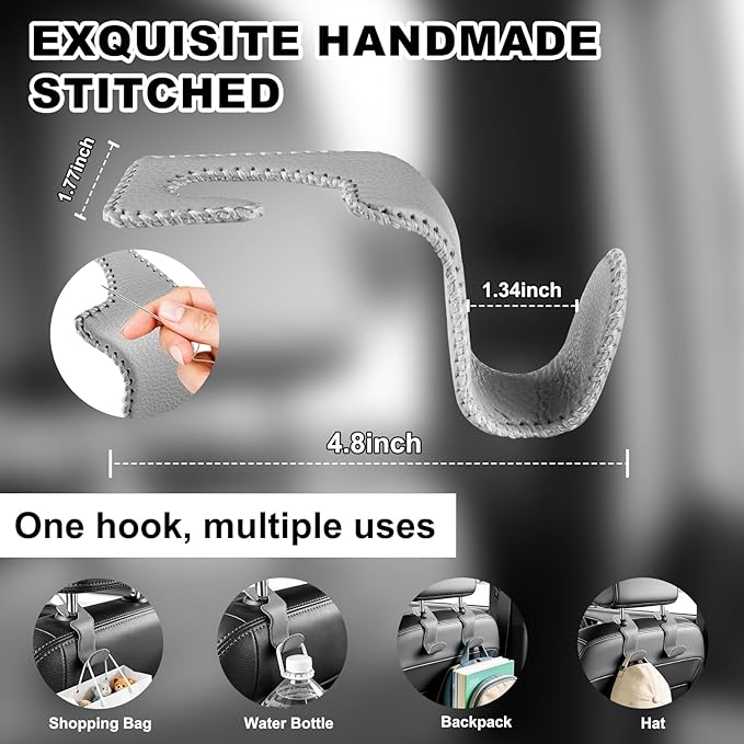 EldHus Car Seat Hooks for Purses and Bags, 4 Pack Car Purse Holder for Grocery Bag Handbag Clothes, Metal Headrest Hooks Covered by Leather, Gray