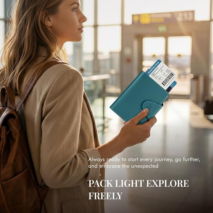 ALLIVE Passport Holder for Travel with Built-in AirTag Slot, Genuine Leather Passport Wallet Must Haves Travel Accessories, Rfid Blocking Passport Cover Case for Women and Men (Lake Blue)