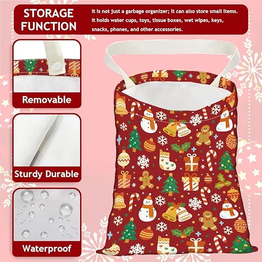 Christmas Elements Car Trash Bag Portable Waterproof Hanging Garbage Bag with Snap Buttons Back Seat Rubbish Storage Dustbin for Car Interior Accessories Kitchen Home Festival Gift