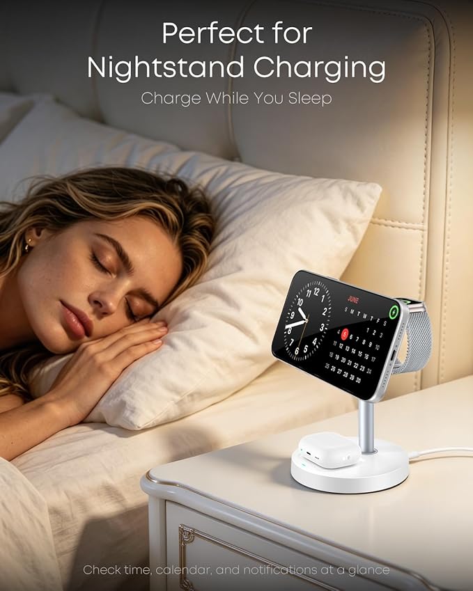 3 in 1 Magnetic Wireless Charging Station, 15W Fast Charger Stand for iPhone, Phone Charger Stand for Desk Nightstand, Compatible with iPhone 17/16/15/14, Apple Watch & AirPods, Adapter Not Included